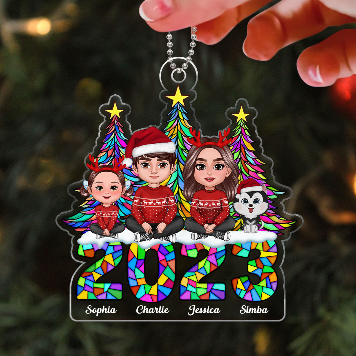 Family Crossed Legs Stained Glass Christmas Tree Personalized Acrylic Ornament