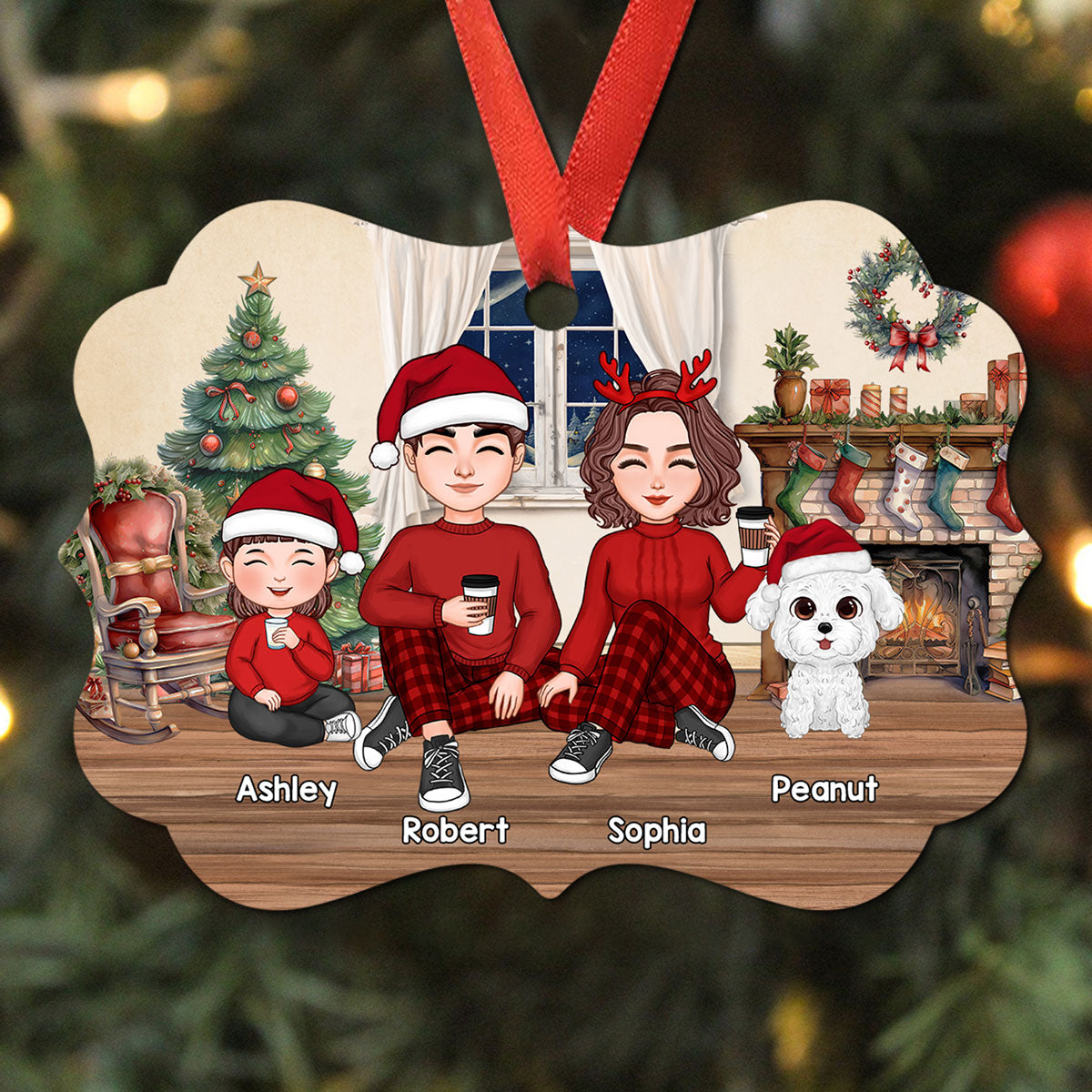 Family Sitting By The Chimney Personalized Aluminum Ornament
