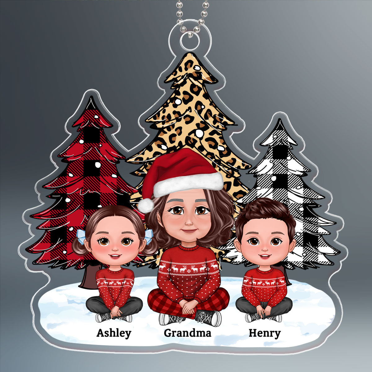 Leopard Checkered Pattern Christmas Tree Grandma Grandkids - Personalized Acrylic Ornament