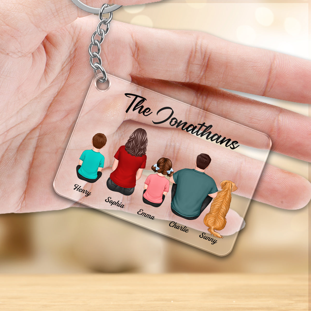 Whole Family Couple Kid Dog Cat Back View Sitting Personalized Acrylic Keychain