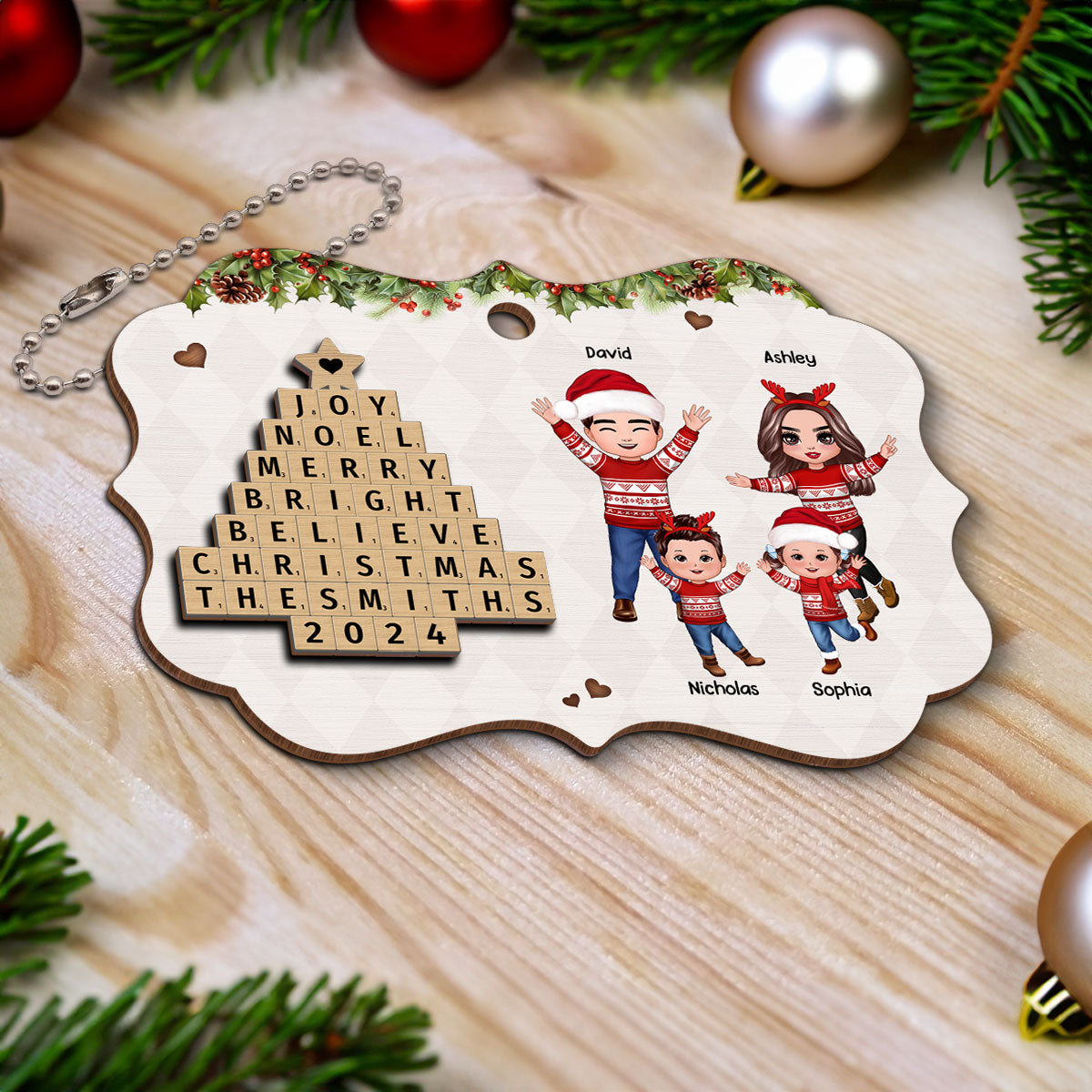 Happy Family By Word Art Christmas Tree Personalized 2-Layer Wooden Ornament