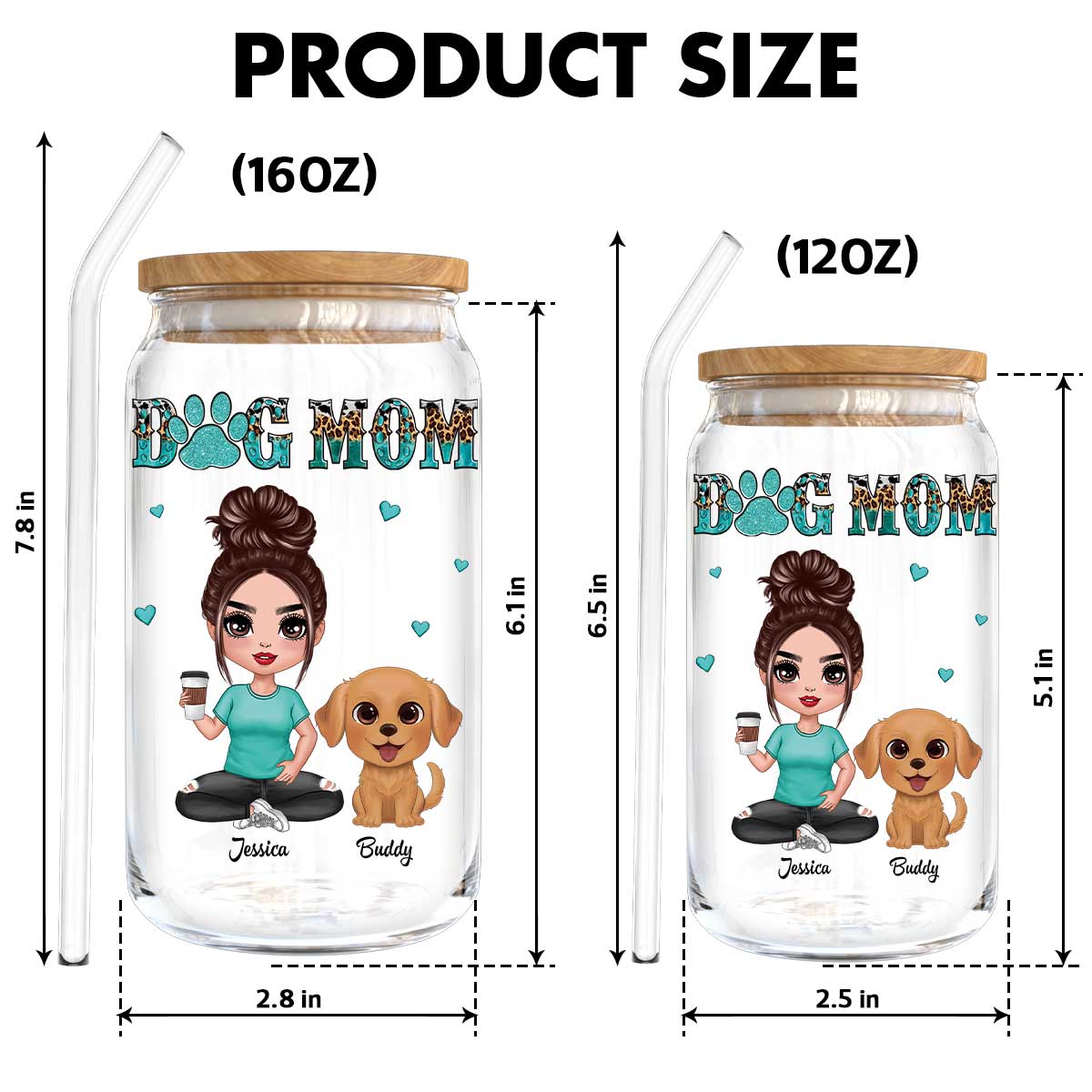 Watercolor Cute Dogs Teal And Leopard Dog Mom Personalized Clear Glass Can