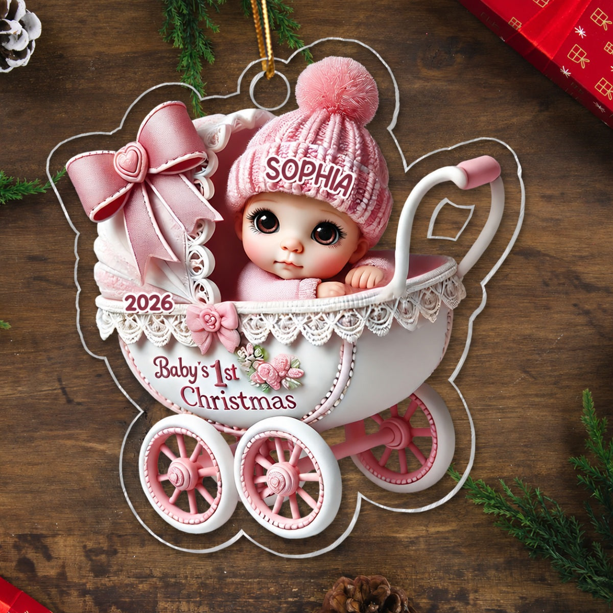 3D Effect Newborn Baby In Carriage Christmas Personalized Acrylic Ornament, Christmas Gift For Newborns, New Parents