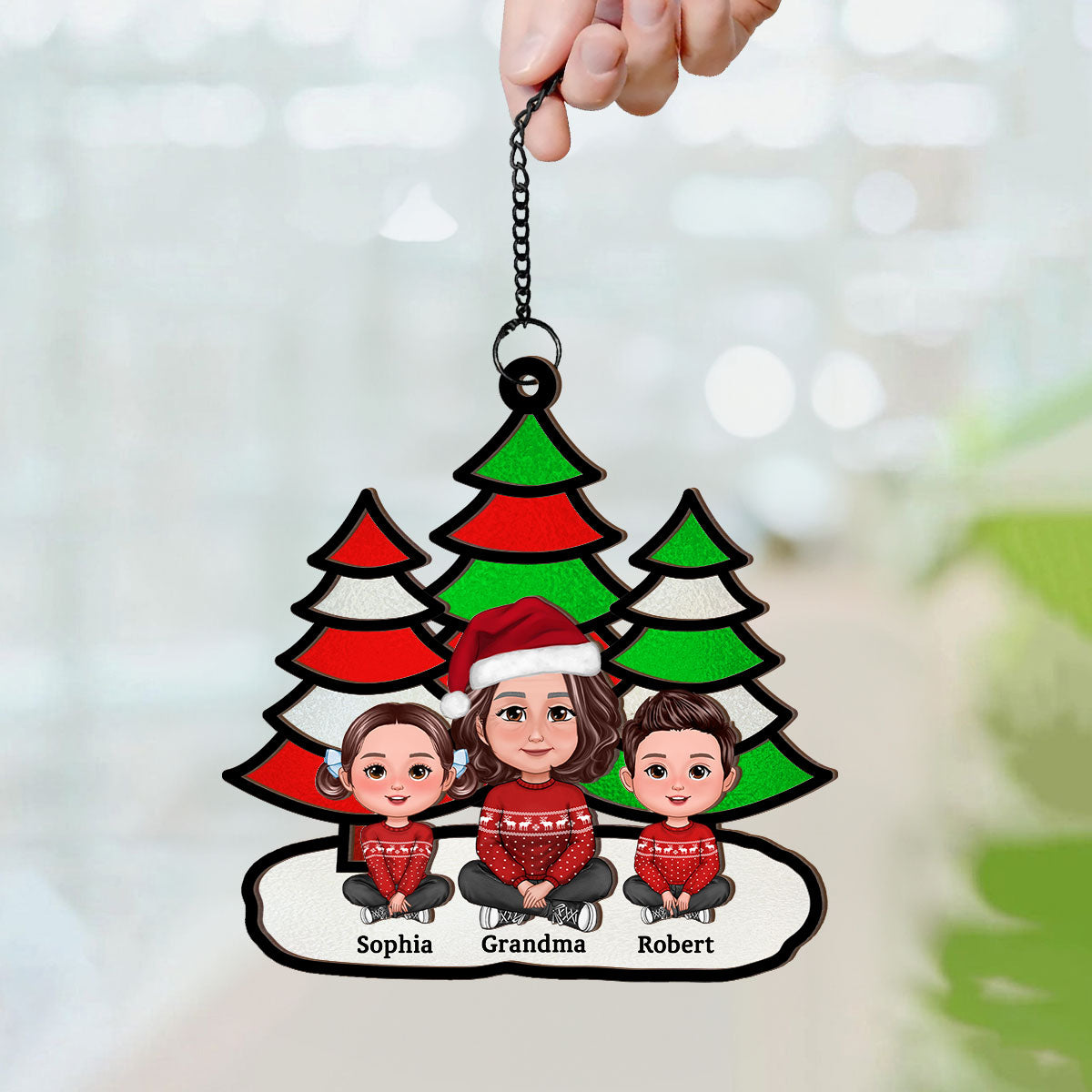 Christmas Trees Grandma Grandkids Sitting Personalized Suncatcher, Christmas Decoration