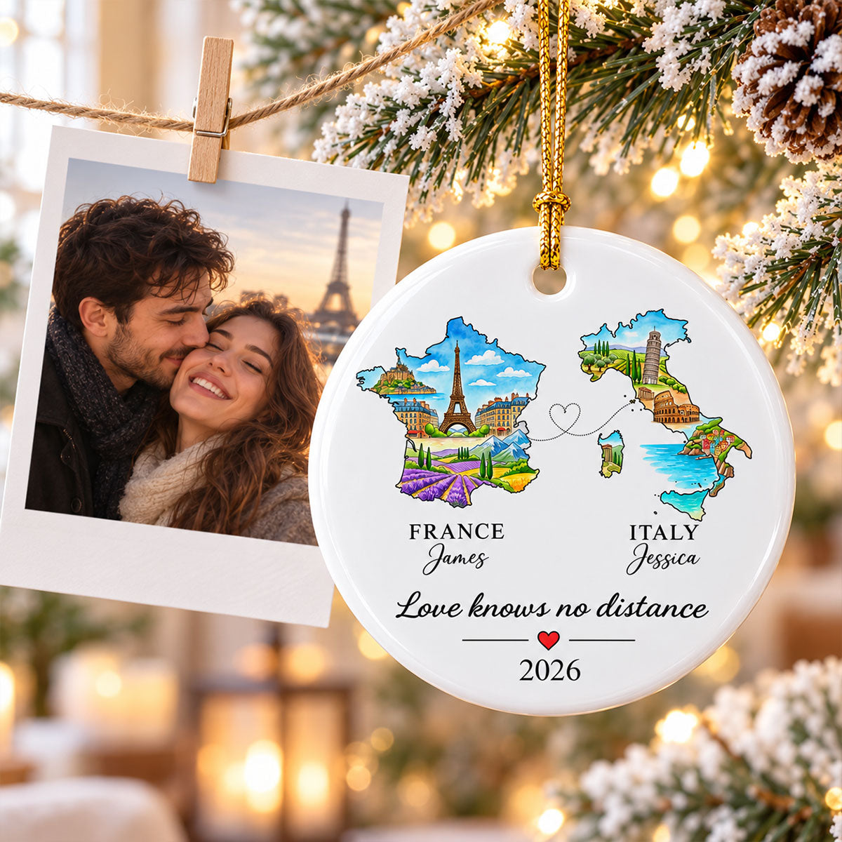 Love Knows No Distance State Map - Personalized Ceramic Ornament - Christmas Gift For Long Distance Couples, Boyfriend, Girlfriend, Husband, Wife