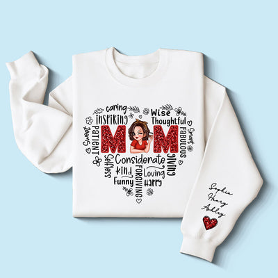 Mom Word Art Pretty Woman With Kids Names On Sleeve Personalized Sleeve Printed Sweatshirt