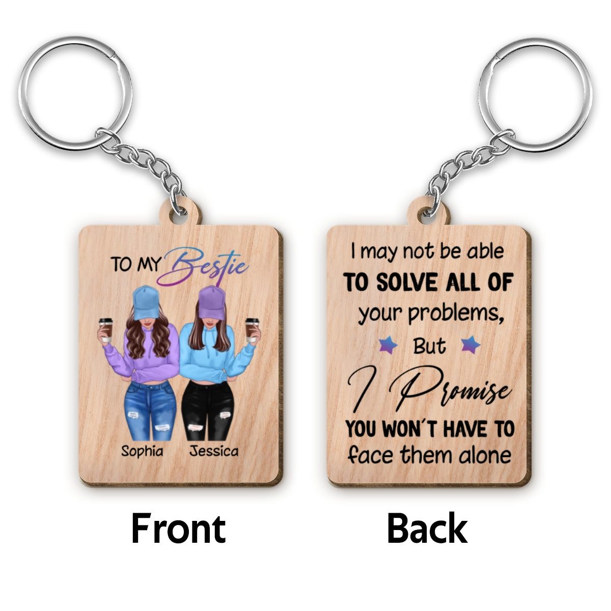 Front View Besties To My Bestie - Personalized Wooden Keychain
