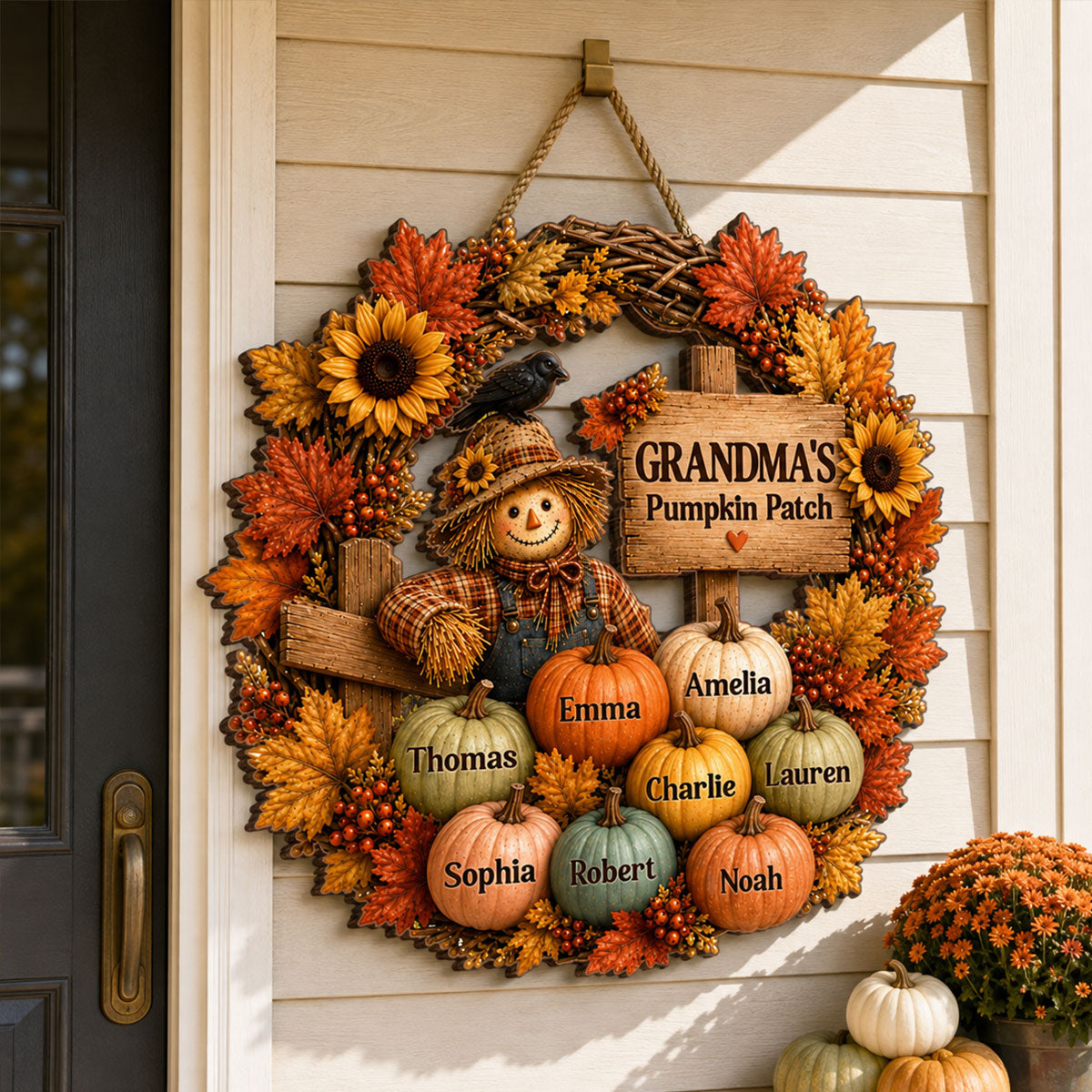 Grandma's Scarecrow Pumpkin Patch - Personalized Wooden Door Sign - Fall Decor for Grandma