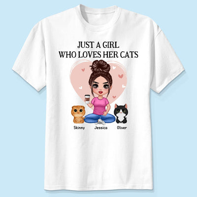 Pink Heart Just A Woman Who Loves Her Cats Personalized Shirt, Heartfelt 2025 Gift For Cat Moms, Cat Lovers