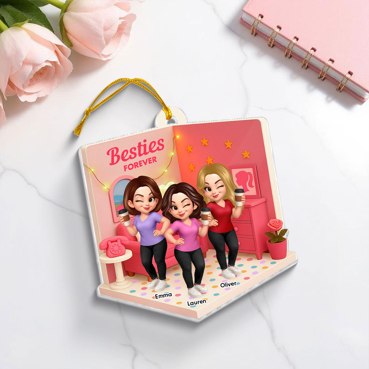 Pink Besties Sisters 3D Effect In House Personalized Acrylic Ornament