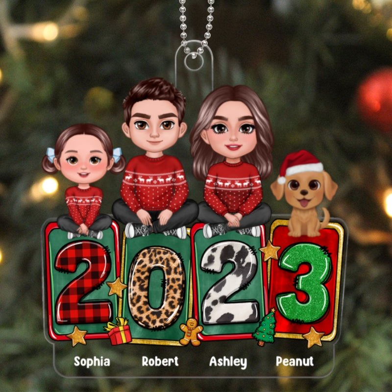 Family Dad Mom Kids Dogs Cats Crossed Legs Sitting On 2023 Blocks Personalized Acrylic Ornament
