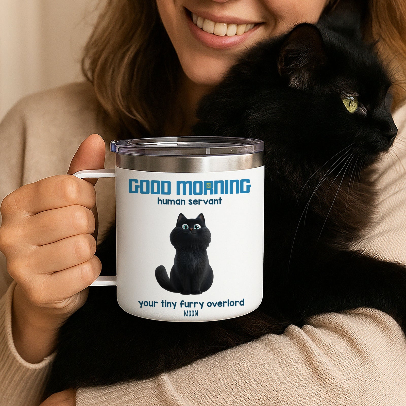 Good Morning Human Servant Personalized Stainless Steel Tumbler With Handle, Unique Gift for Cat Mom Cat Dad