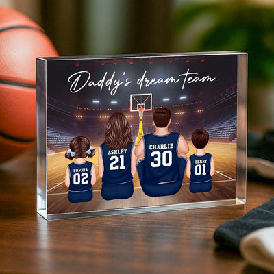 Daddy's Team Basketball Family Sitting Personalized Acrylic Block, Unique Father's Day Gift for Dad, Gift for Husband