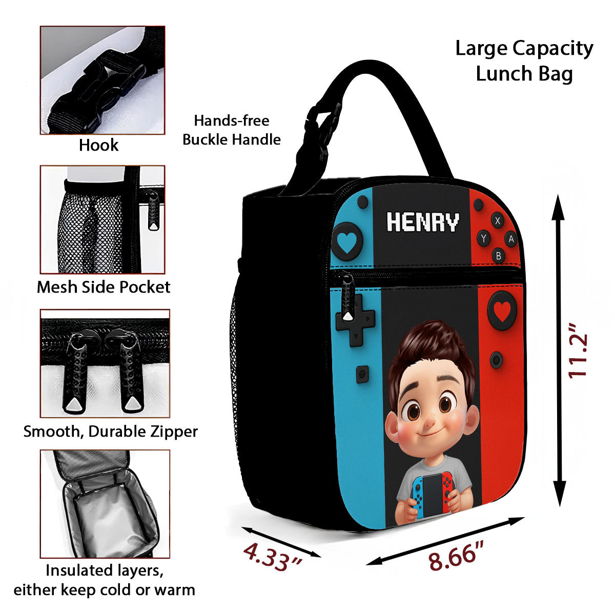 For Boys Girls, Game Lunch Bag for School - Personalized Insulated Lunch Bag