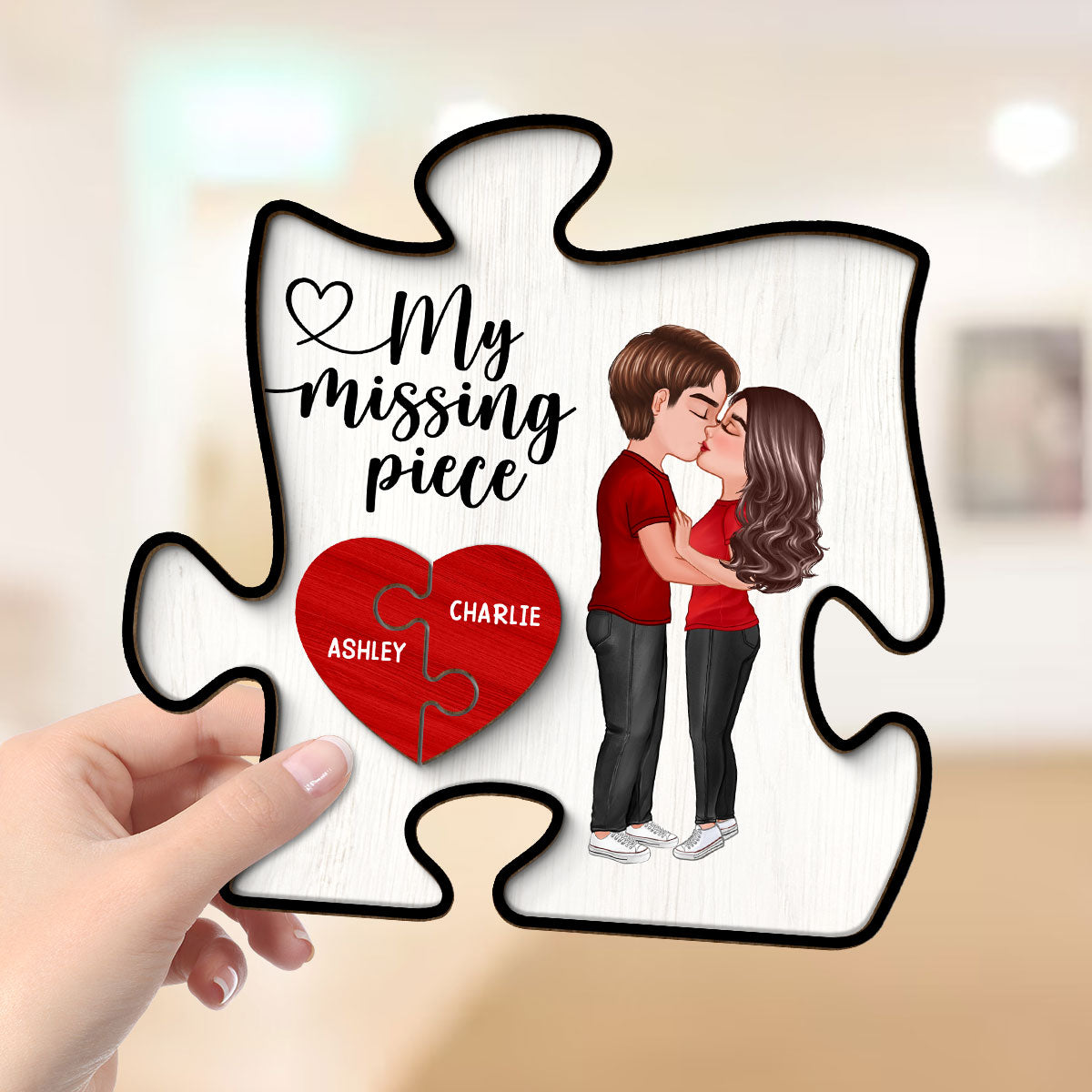 My Missing Piece Doll Couple Kissing Valentine‘s Day Gift Puzzle Shaped Personalized 2-Layer Wooden Plaque
