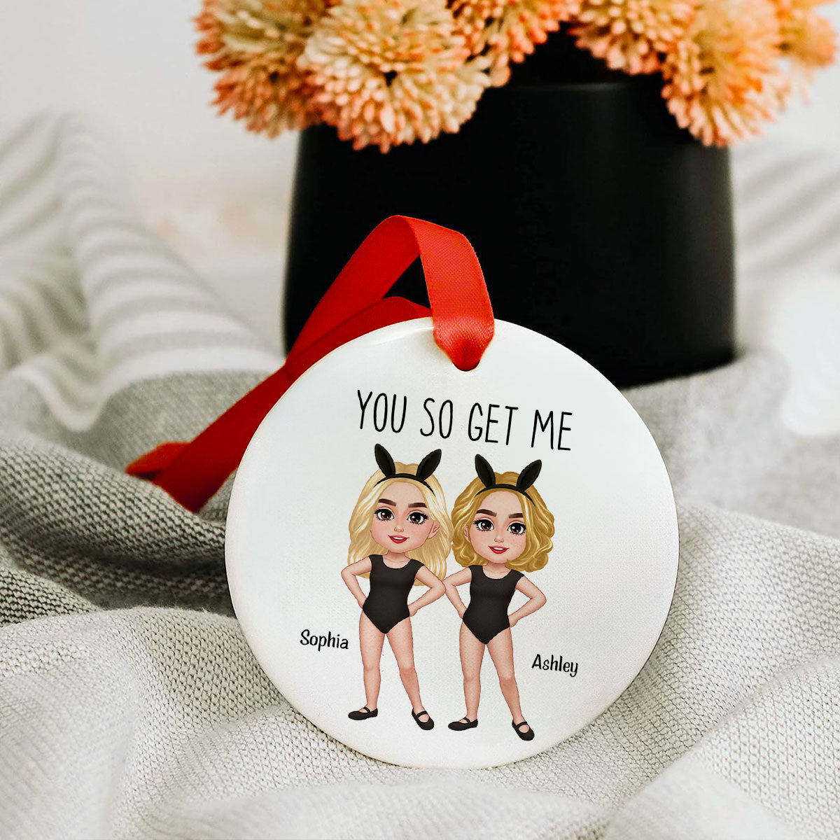 Besties Sisters With Bunny Ears Personalized Circle Ceramic Ornament, Funny Gift for Besties, Friends