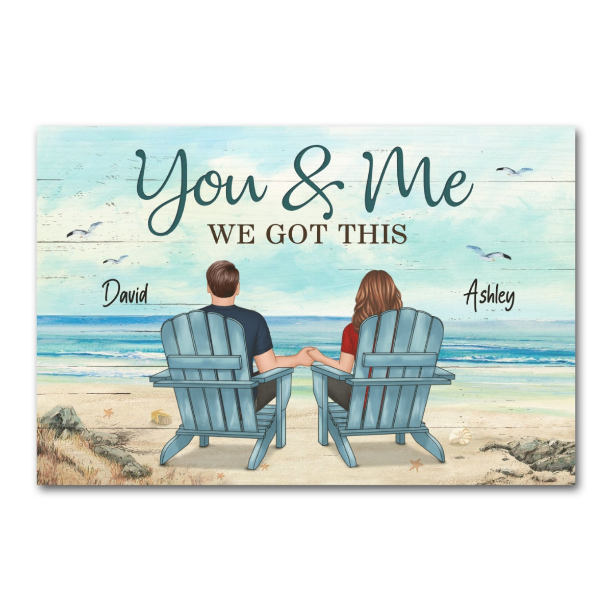 Back View Couple Sitting Beach Landscape Personalized Wood Prints