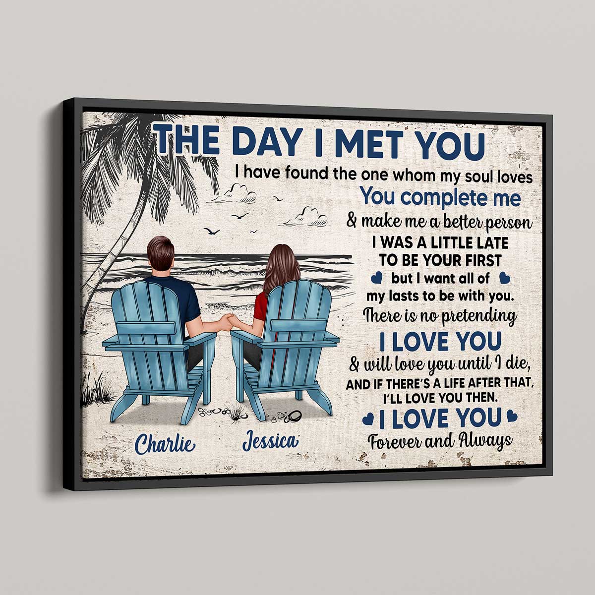 Couple Back View Beach Outline Sketch Personalized Horizontal Poster