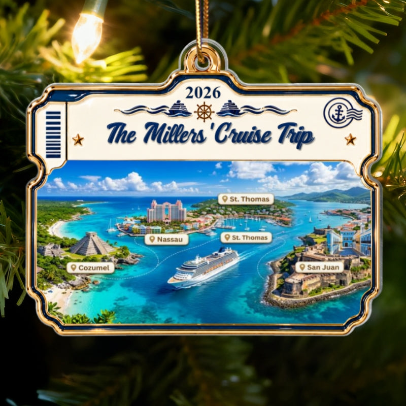 Cruise Destinations Cruise Ticket Frame 2D Flat Printed - Personalized Acrylic Ornament - Cruise Trip Keepsake, Christmas Tree Decor For Family, Couples