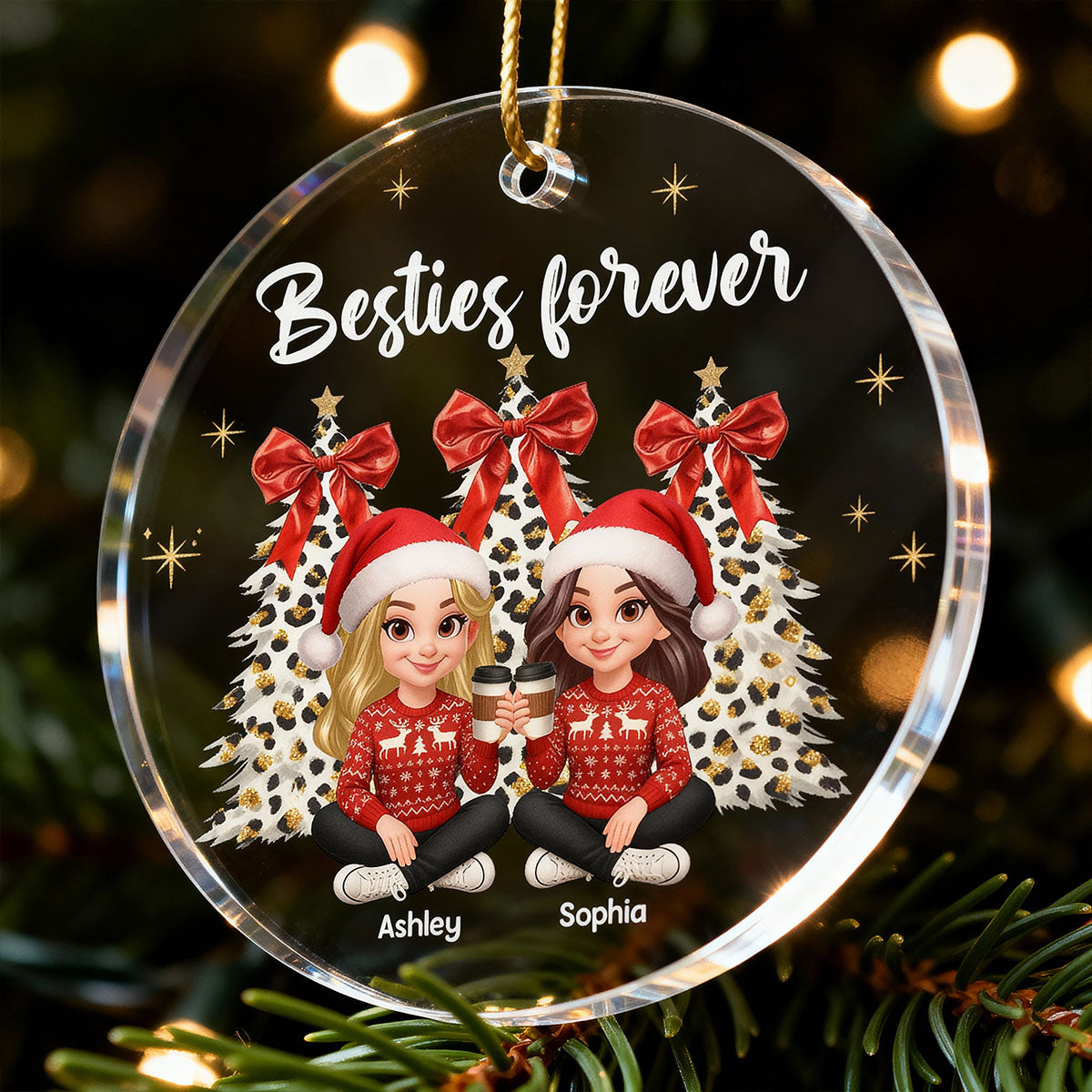 Besties Forever Leopard Coquette Christmas Tree - Personalized Acrylic Ornament