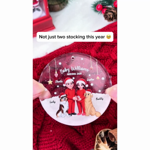 Expecting Parents Christmas Pregnancy Baby Arriving With Dogs Cats - Personalized Glass Ornament