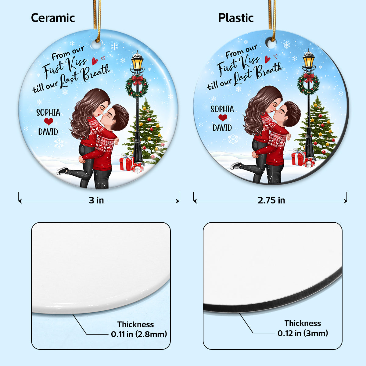 Christmas Couple Hugging Kissing Under Street Lamp Personalized Circle Ornament