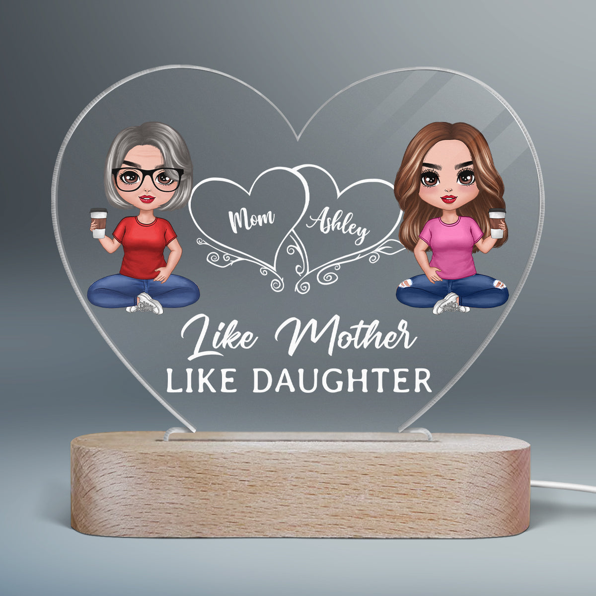 Hearts Doll Mother Daughter Sitting Gift For Mom Personalized Acrylic Heart Plaque LED Night Light