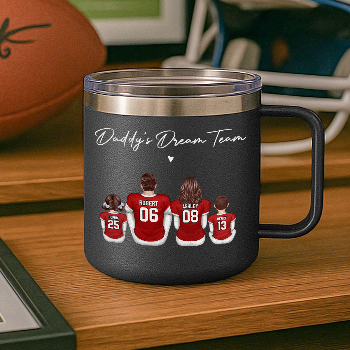 Football Daddy's Dream Team Personalized Stainless Steel Tumbler With Handle, Gift For Dad