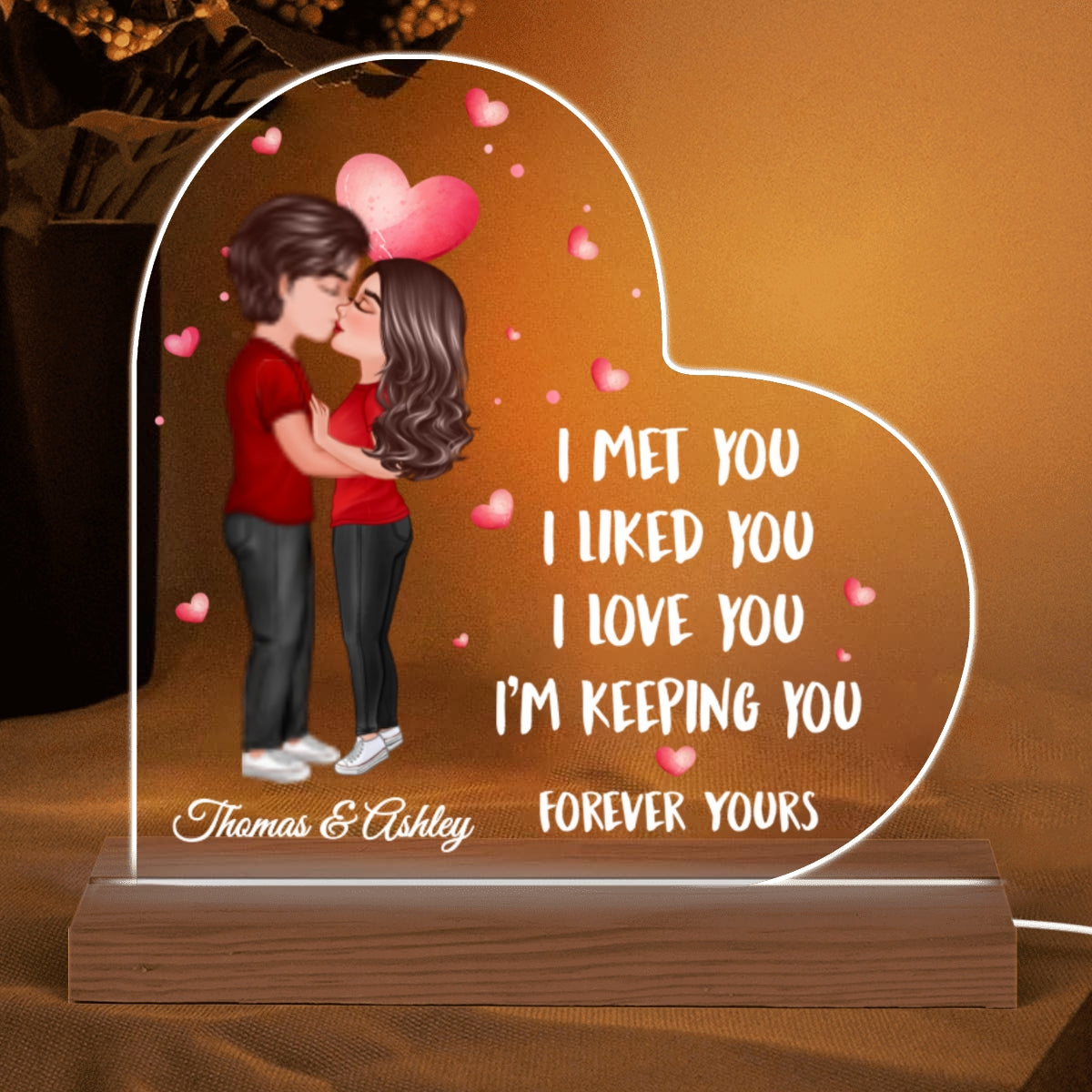 Doll Couple Kissing Together Since Personalized Heart Shaped Acrylic Plaque With LED Night Light - Anniversary Gift For Couple - Gift For Him, Gift For Her