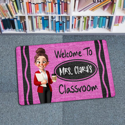 Cute Cartoon Teacher Crayon Welcome To Classroom Personalized Doormat