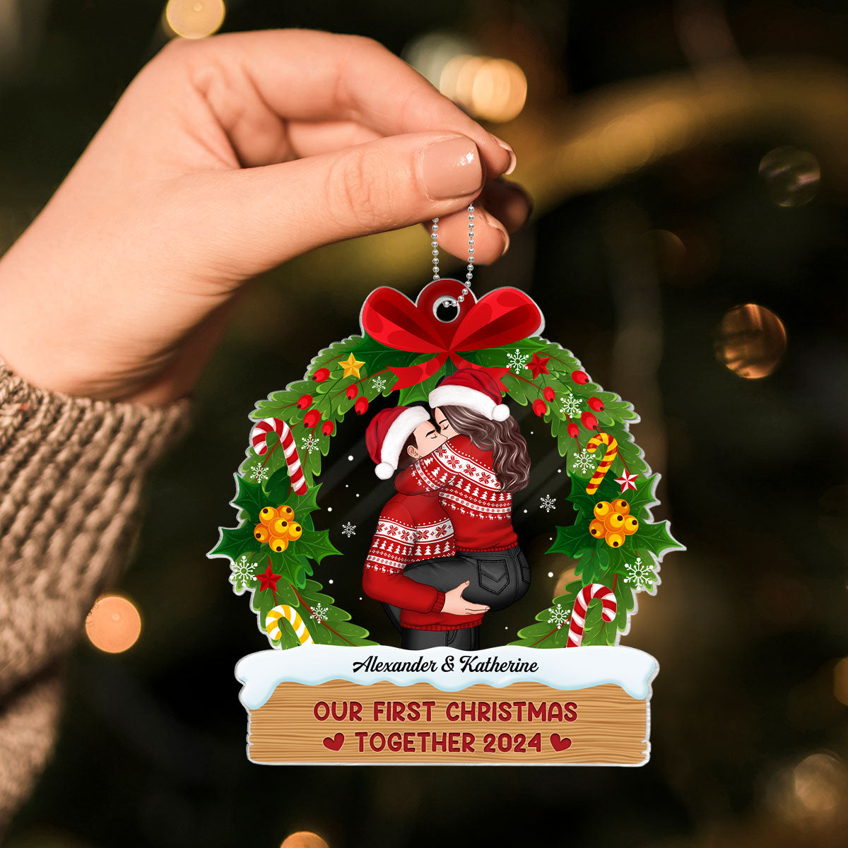Hugging Kissing Couple Christmas Wreath Personalized Acrylic Ornament, Christmas Gift For Him For Her
