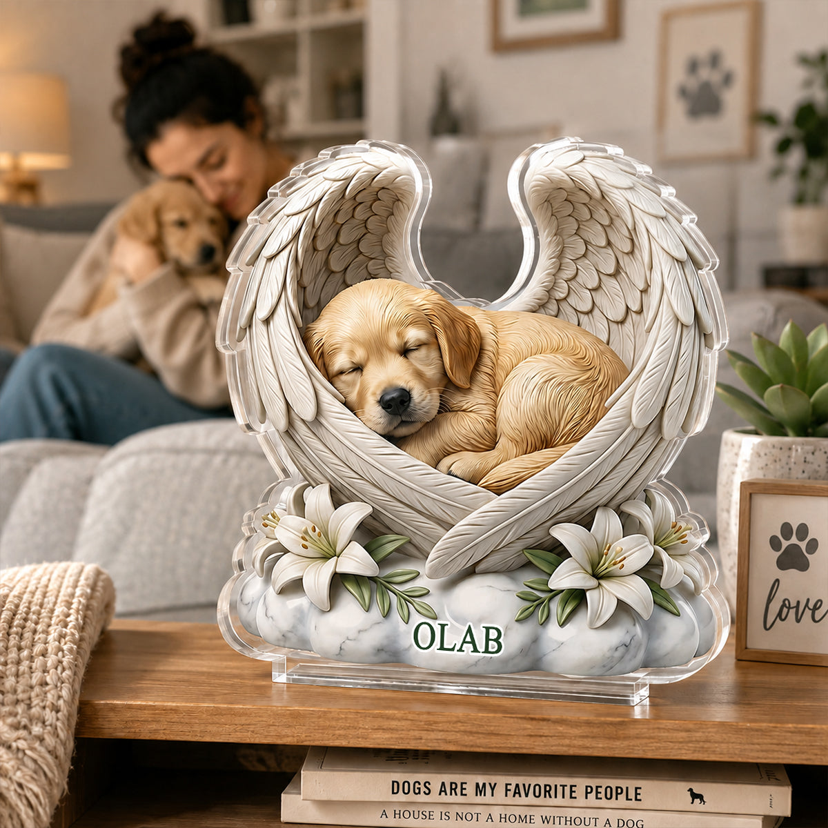 Custom Dog Angel Wings Statue - Personalized Acrylic Block Plaque - Heartfelt Pet Memorial Gift