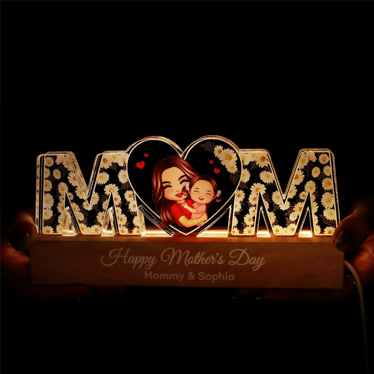 MOM Flowers Mom Hugging Kid Personalized LED Night Light, Gift For Mom