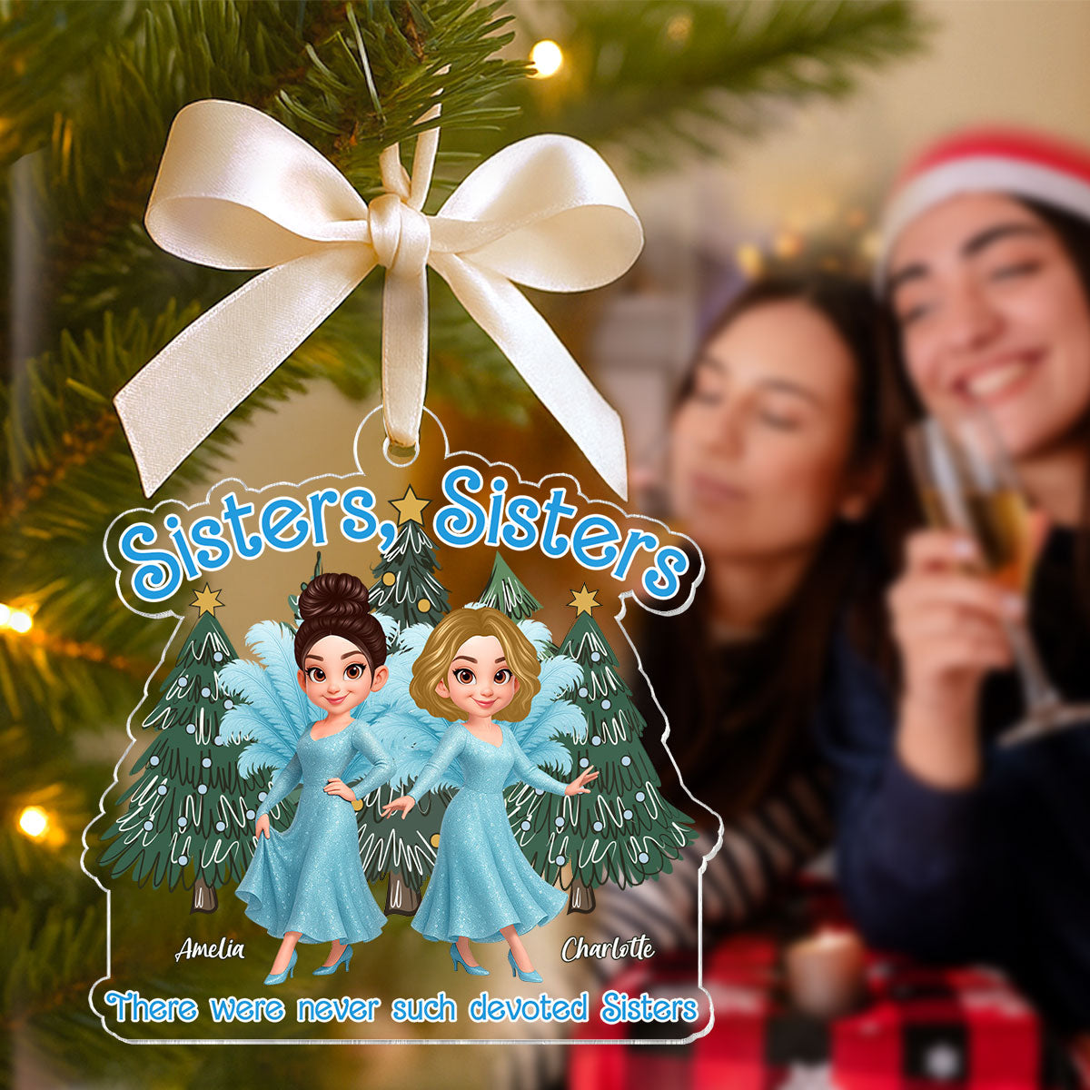 Cute Cartoon Sisters Besties Blue Dress Under Christmas Tree Personalized Acrylic Ornament