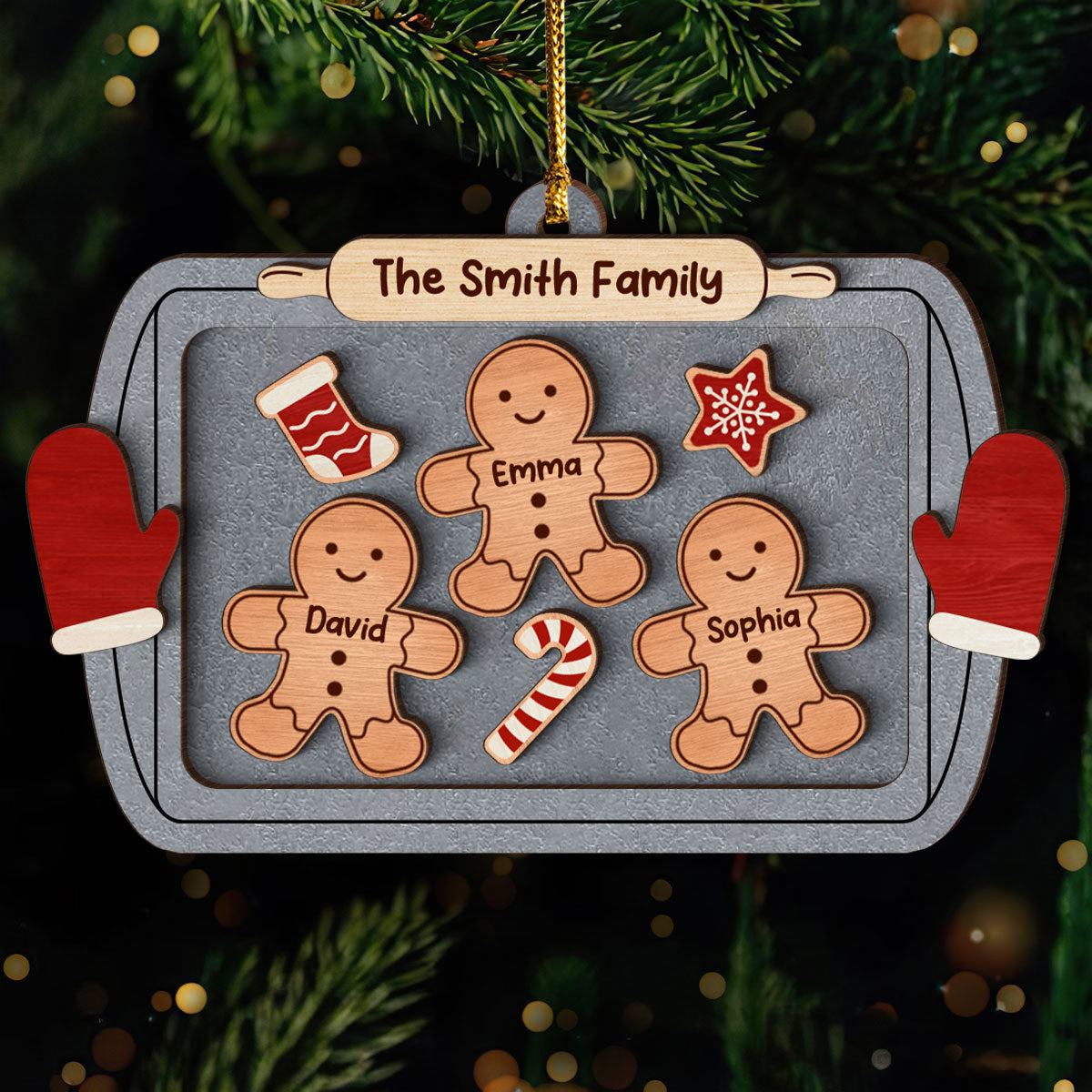 Gingerbread Family On Baking Tray Christmas Personalized 3-Layer Wooden Ornament