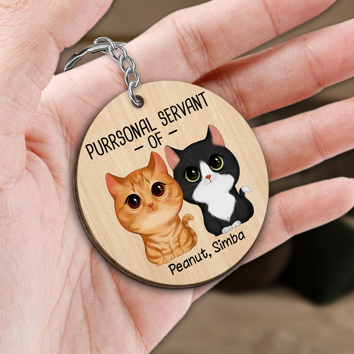 Purrsonal Servant Of Watercolor Cute Cats Personalized Wooden Keychain