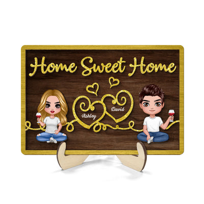 Doll Couple Sitting Home Sweet Home Valentine‘s Day Gift For Him For Her Personalized 2-Layer Wooden Plaque