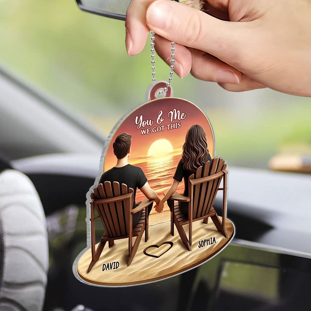 3D Effect Couple Beach Landscape Retro Vintage Personalized Car Hanger, Anniversary Gift For Couple