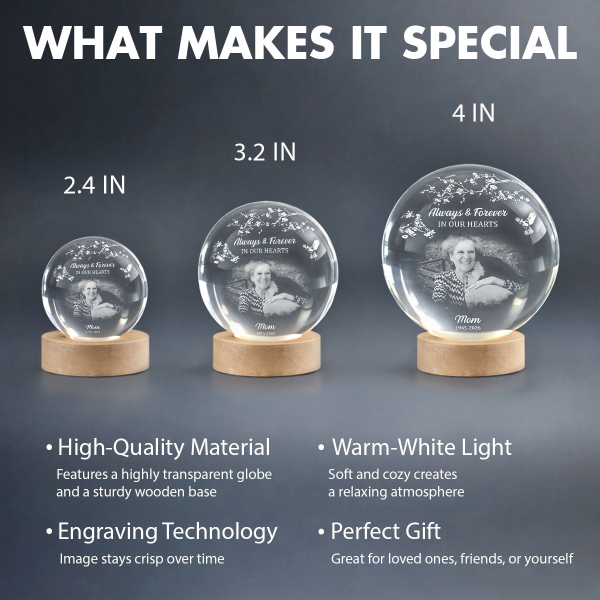 Always and Forever in Our Hearts - Personalized Crystal Ball LED Night Light - Heartfelt Memorial Keepsake, Memorial Gift For Loss Of Father, Mom