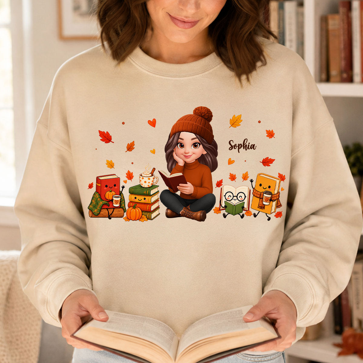 Cozy Fall Vibe Just A Woman Who Loves Books Cute Doodle Kawaii Style - Personalized Shirt - Fall Gift For Book Lovers