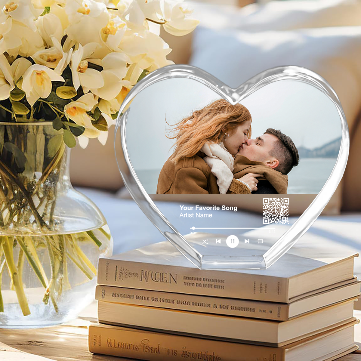 Personalized Music Photo Crystal Heart LED, Valentines Gift, Music Love Gift, Gift for Him, for Her, Free Shipping Included