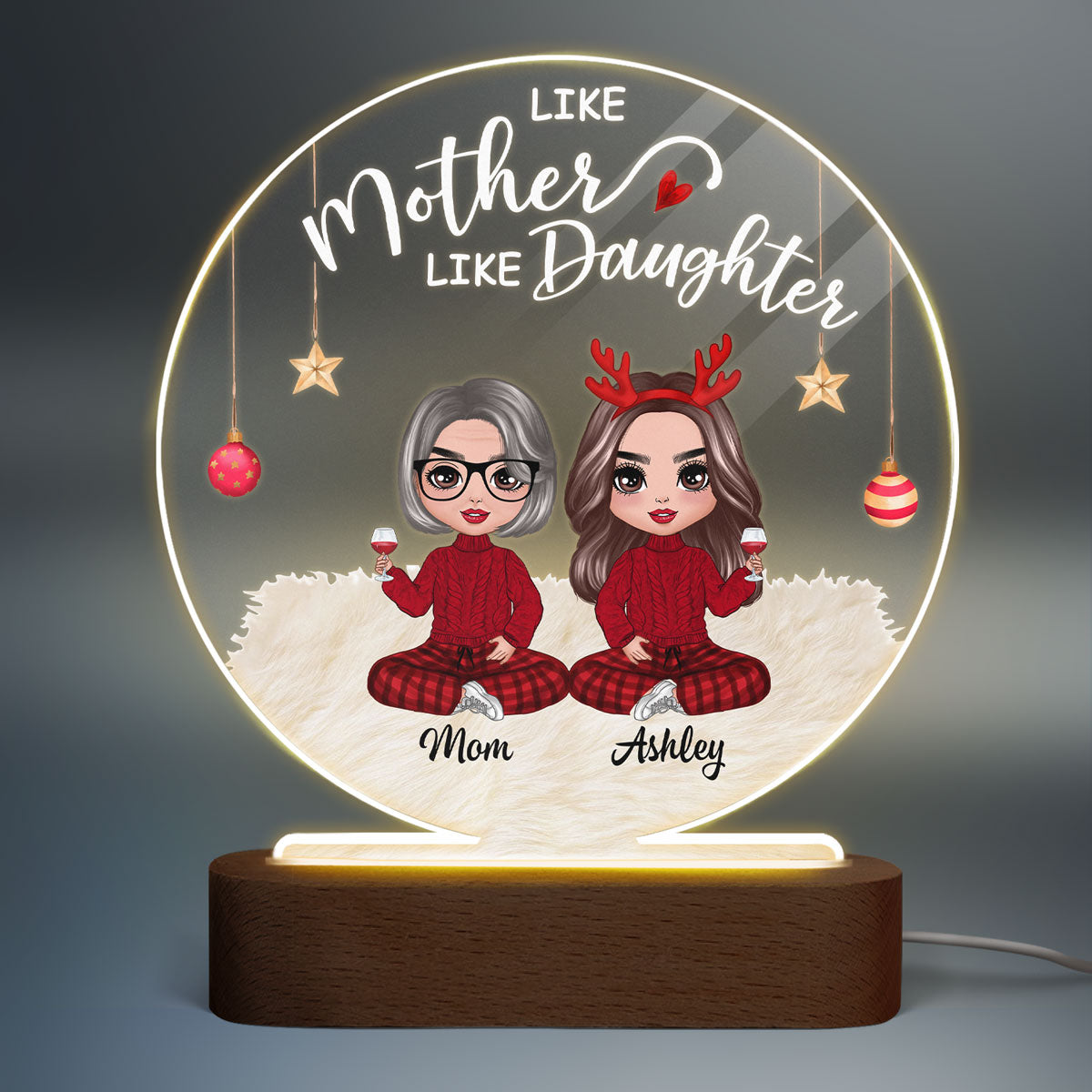 Doll Like Mother And Daughters Christmas Personalized Circle Acrylic Plaque LED Night Light