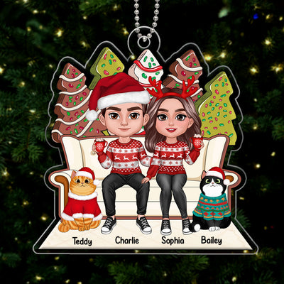 Christmas Gingerbread Tree Cake Patterned Couple & Cats On Sofa Personalized Acrylic Ornament