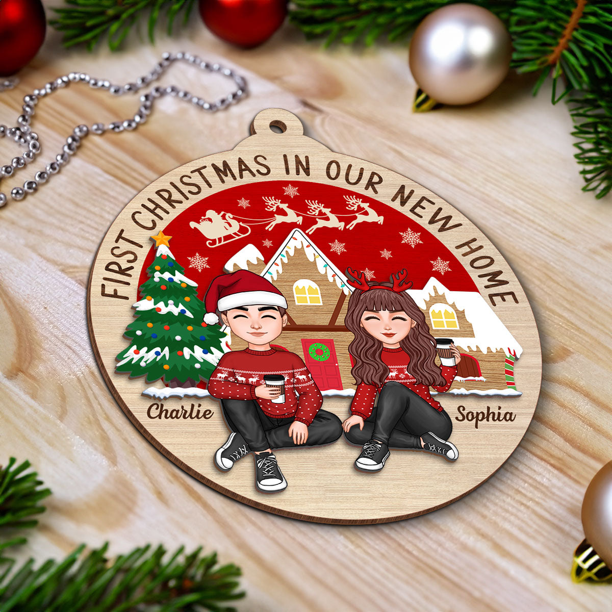 First Christmas In Our New Home Couple Sitting Personalized 2-Layer Wooden Ornament