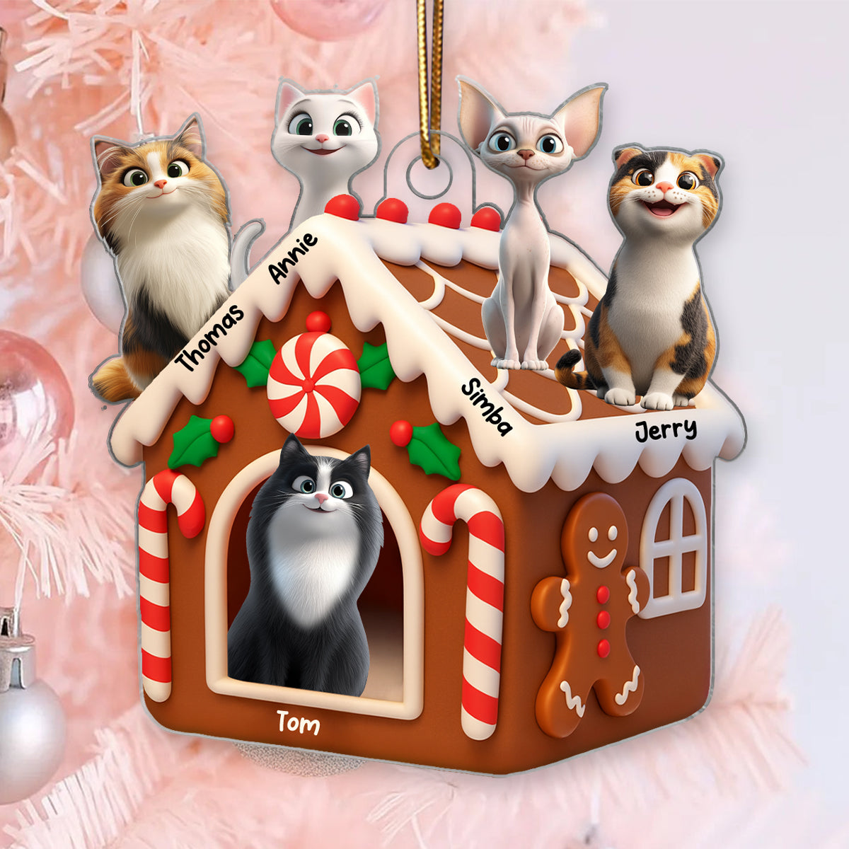 Gingerbread Cat House Personalized Acrylic Ornament, Christmas Gift for Cat Mom, Cat Dad