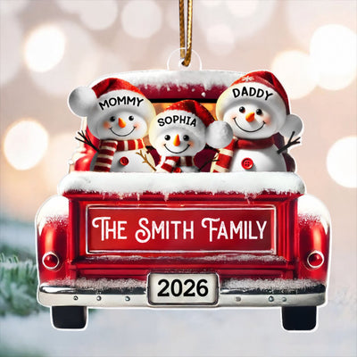 Personalized Snowman Family Acrylic Christmas Ornament, Red Truck Custom Name 3D Effect Ornament