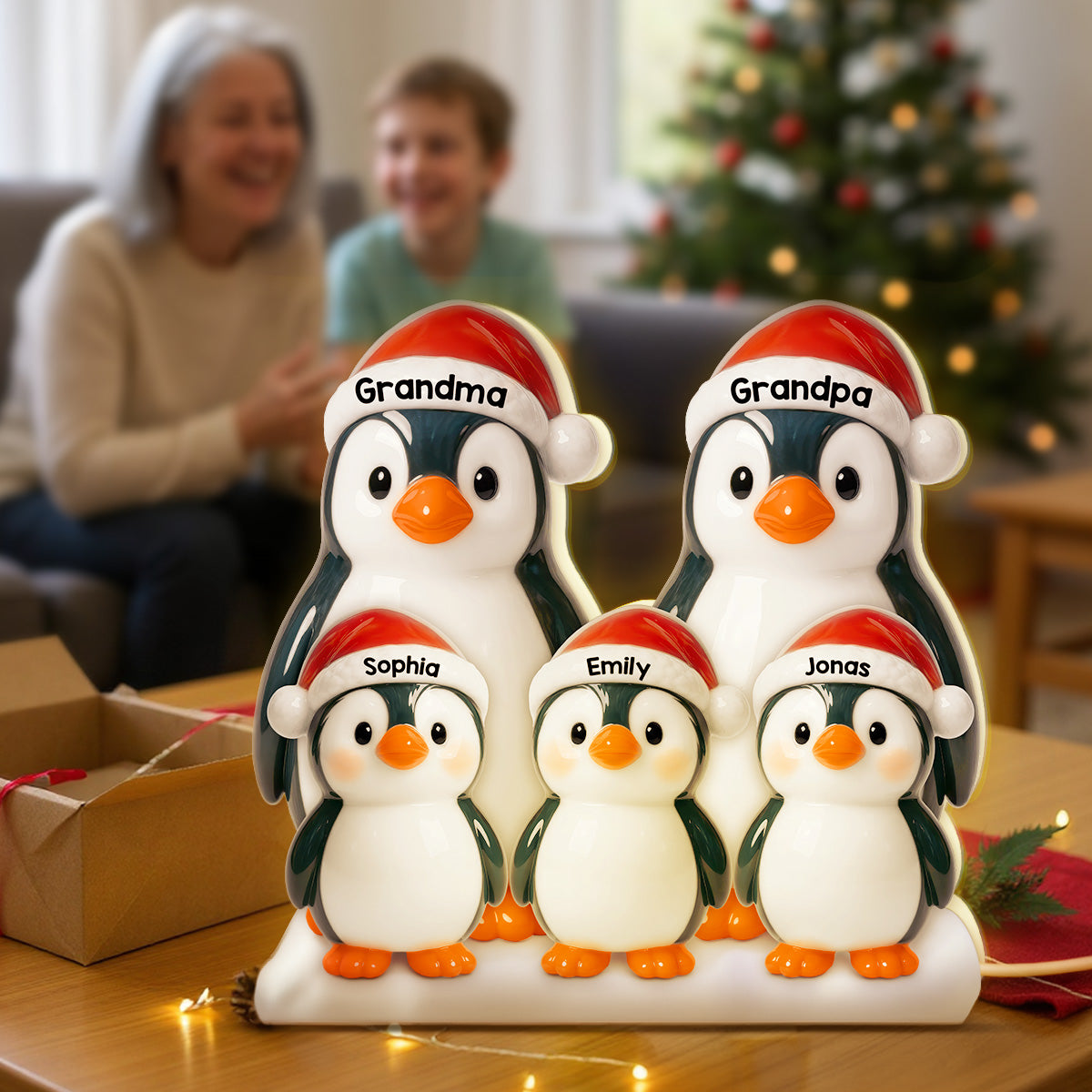 3D Effect Cute Christmas Penguins Grandparents Family - Personalized Light Box - Christmas Decor