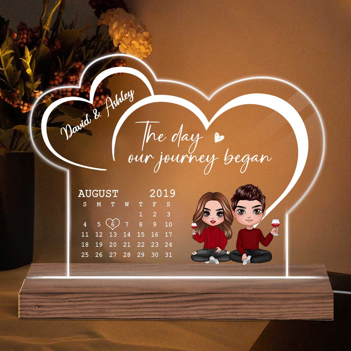 Doll Couple Sitting Anniversary Date Calendar Two Hearts Personalized Acrylic Plaque With LED Night Light