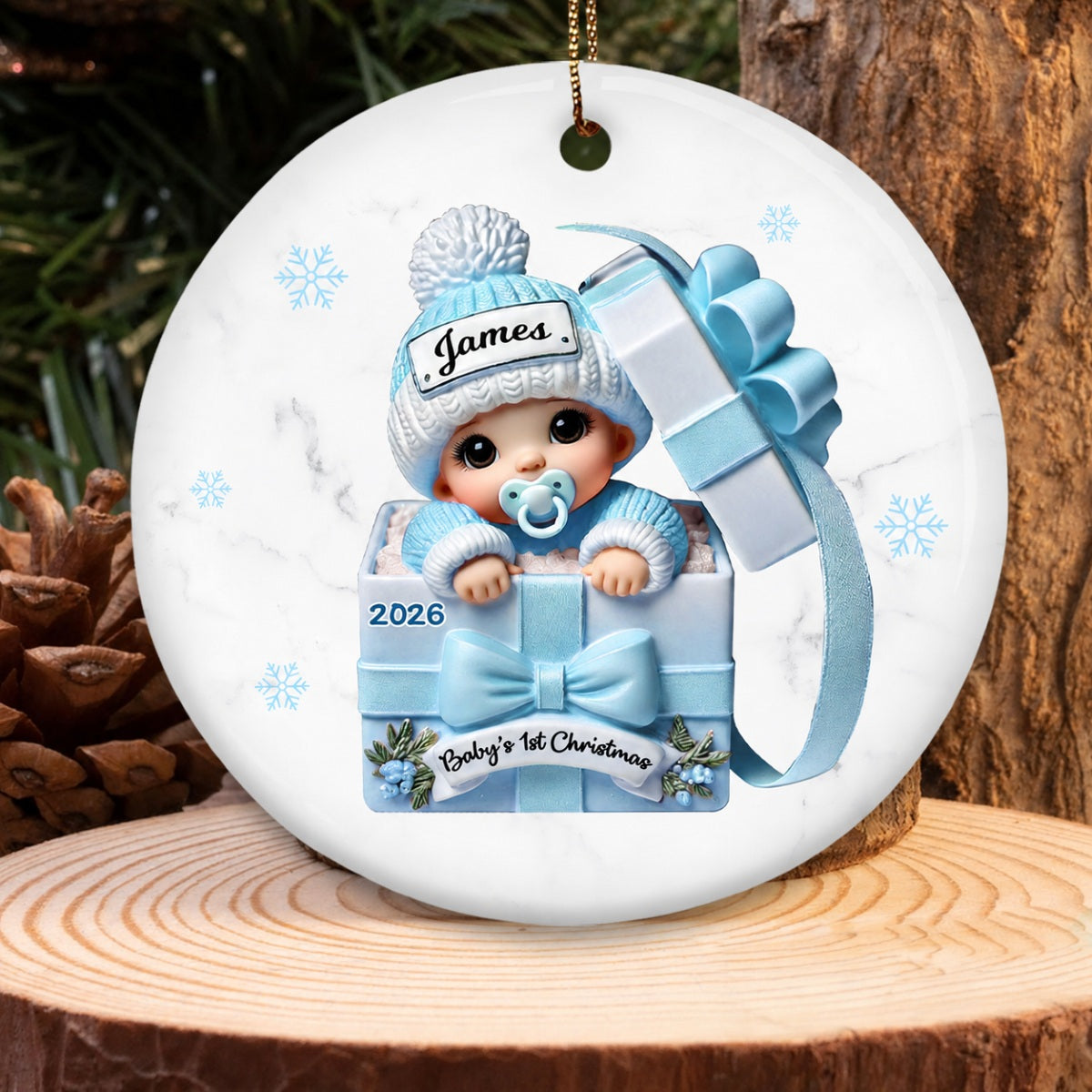 Baby Inside Gift Box Personalized Ceramic Ornament, Baby First Christmas Keepsake