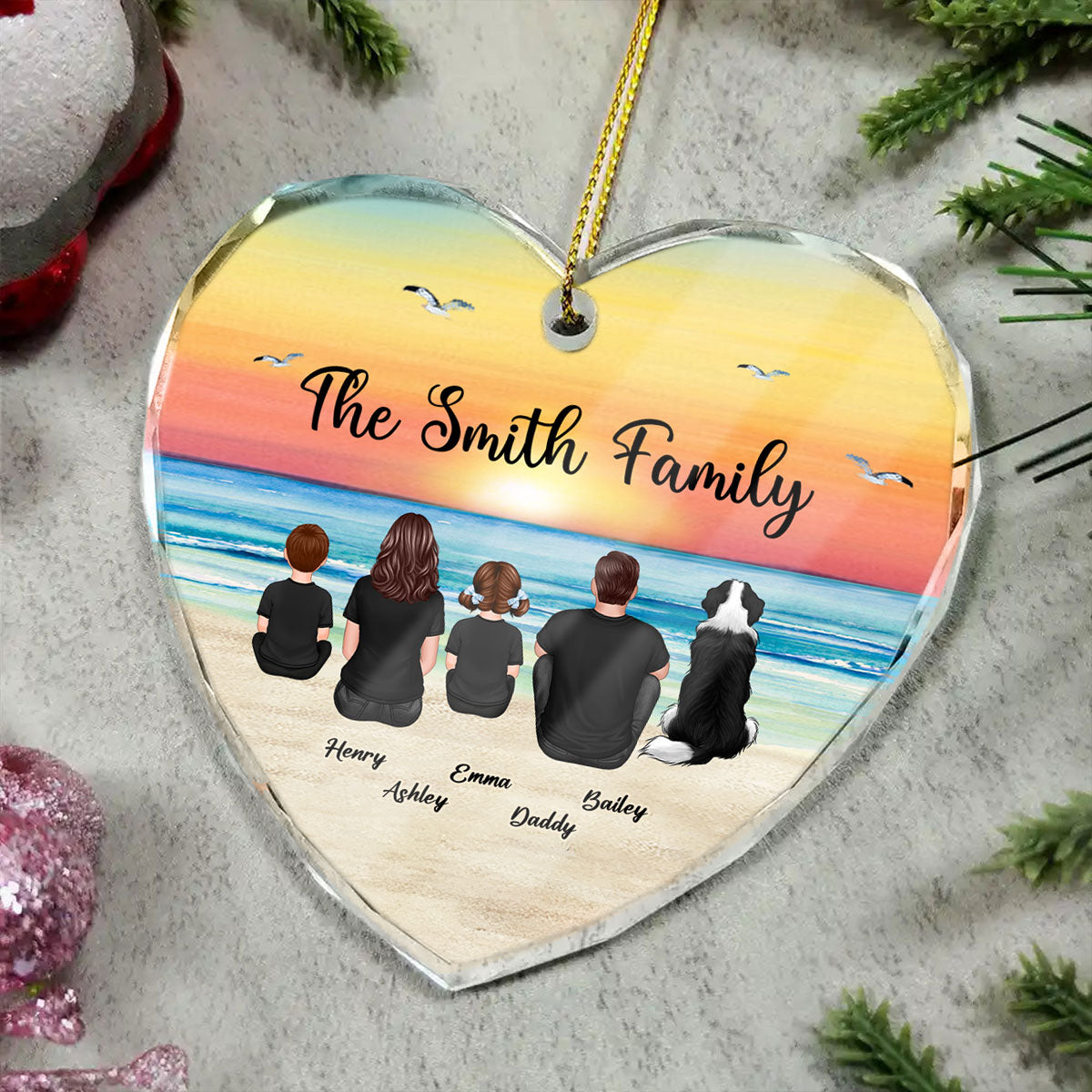 Family Sitting Back View Retro Vintage Beach Landscape Personalized Heart Glass Ornament